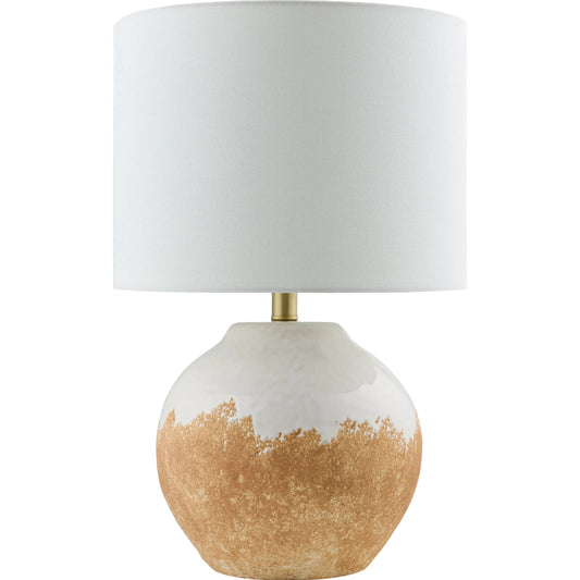 Kidal Accent Table Lamp by Livabliss in body: terracotta; shade: white; harp: metallic - gold; cord: translucent and painted. Made from ceramic, iron, linen, polyester in a unique style.
