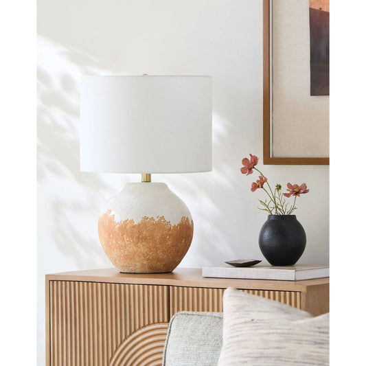 Kidal Accent Table Lamp by Livabliss in body: terracotta; shade: white; harp: metallic - gold; cord: translucent and painted. Made from ceramic, iron, linen, polyester in a unique style.