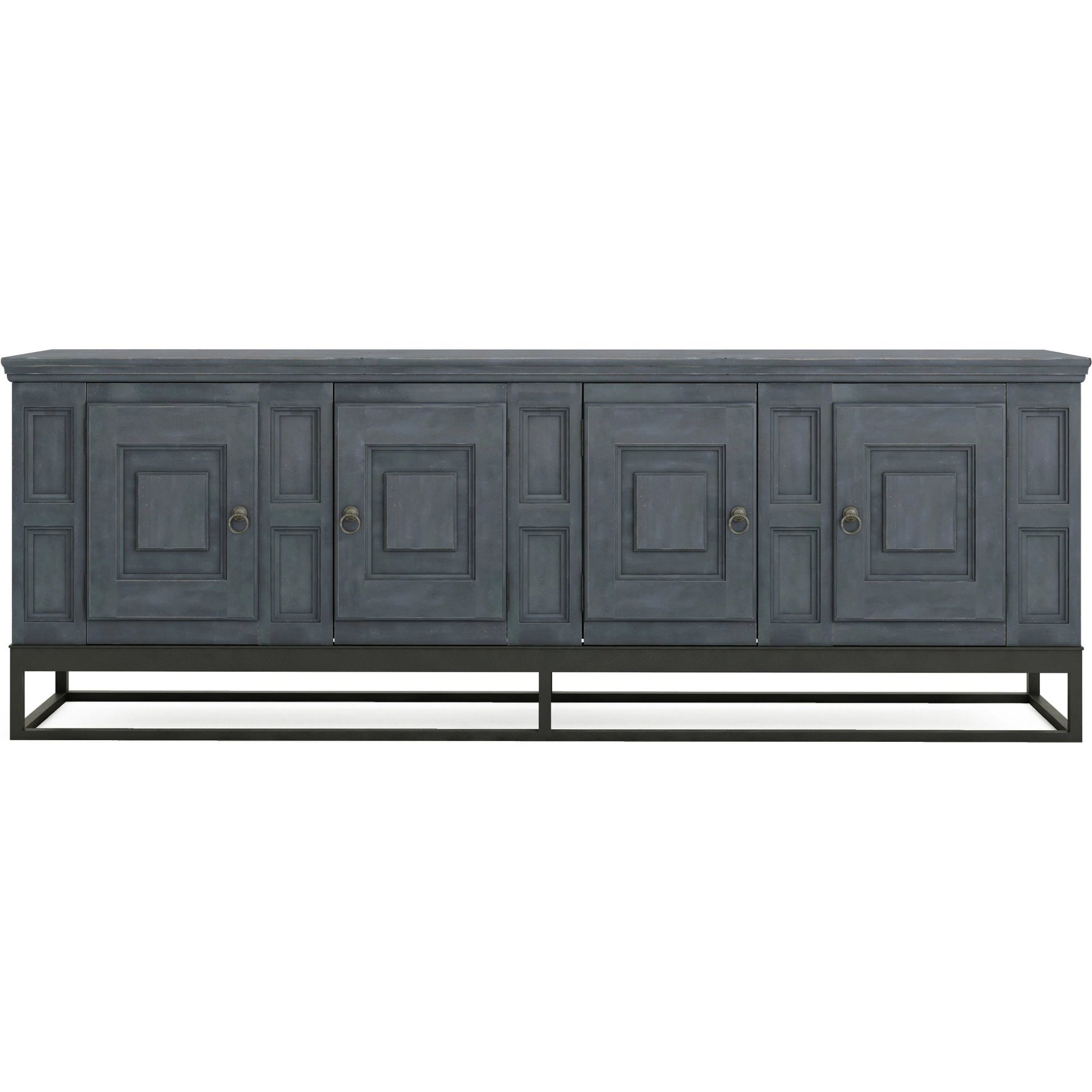 Alcove Entertainment Console by A.R.T. Furniture in slate, burnished brass. Made from acacia solids, maple veneers, iron in a transitional style.