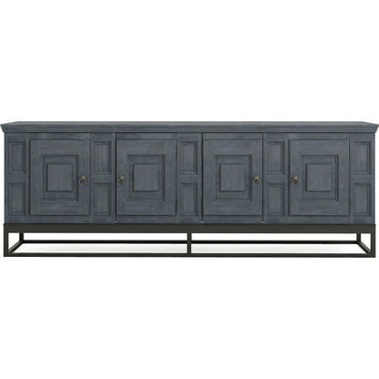 Alcove Entertainment Console by A.R.T. Furniture in slate, burnished brass. Made from acacia solids, maple veneers, iron in a transitional style.