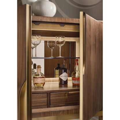 Eleana Bar on Stand by Hooker Furniture in light caramel, sunlit bronze metal. Made from walnut veneers, mirror, metal in a traditional style.