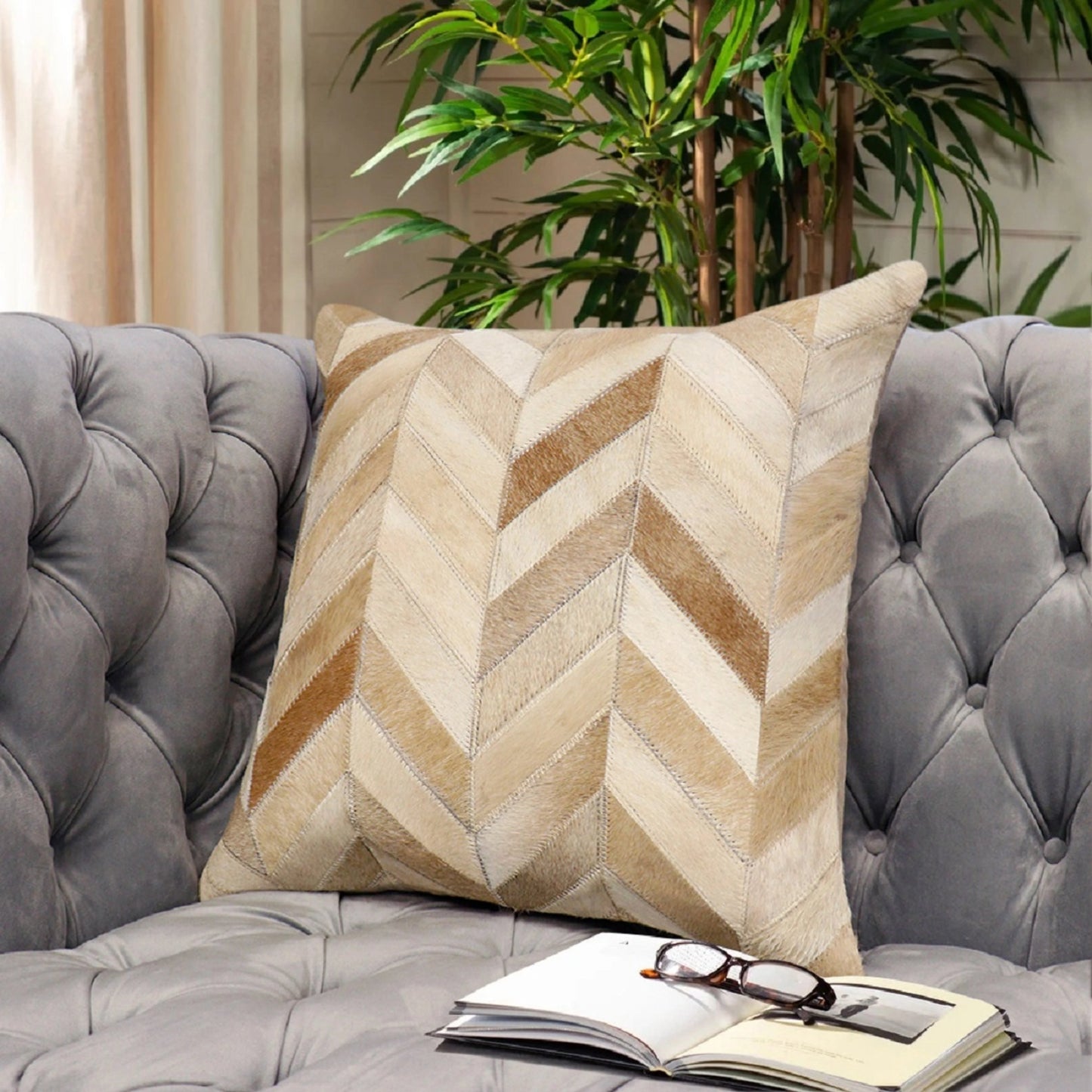 008 SI-2030364 | Lifestyle | Safari Chevron Cowhide Throw Pillow by Pasargad Home in l. brown. Made from cowhide in a modern style.