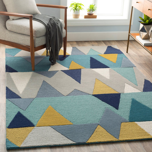 Kennedy Rug - 15527 by Livabliss in blue, tan, navy, gray, teal. Made from 100% wool in a unique style.
