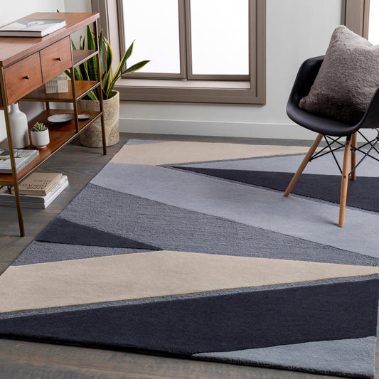 Kennedy Rug - 27071 by Surya in ink blue, medium gray, light beige, charcoal, denim. Made from 100% wool in a unique style.