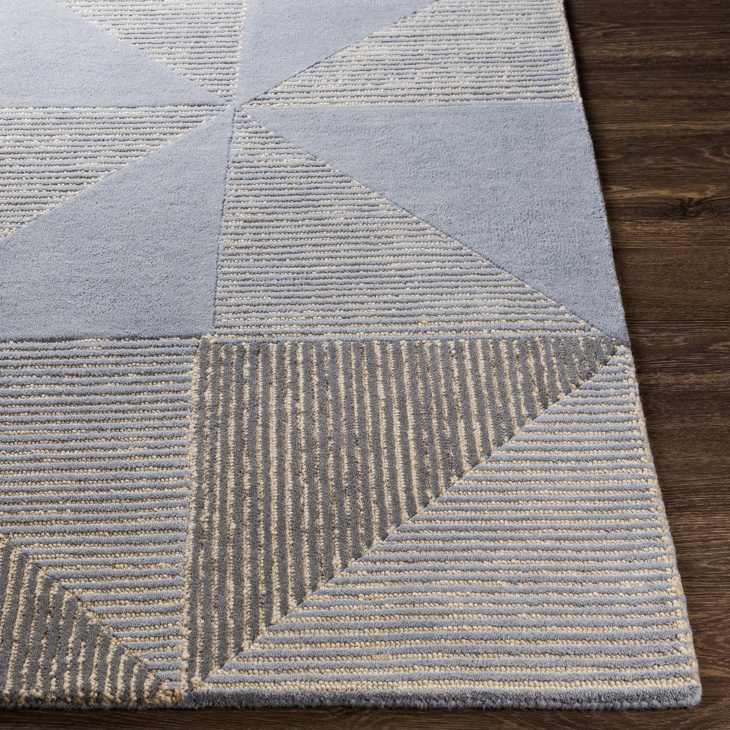 009 SR-827090,SR-827092,SR-827093,SR-827094,SR-827095 | Closeup | Kennedy KDY-3029 Rug by Surya in ink blue, medium gray, light beige, charcoal, denim. Made from 100% wool in a unique style.