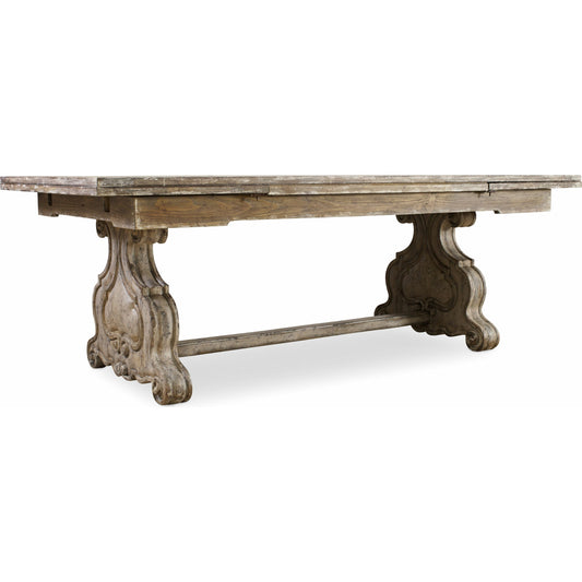 Chatelet Refectory Trestle Dining Table by Hooker Furniture in paris vintage. Made from pecan, walnut, maple veneers, resin, solid-wood edge top in a traditional style.