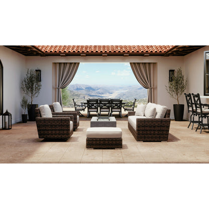 Montecito Outdoor Sofa by Sunset West in cognac. Made from resin wicker in a modern style.