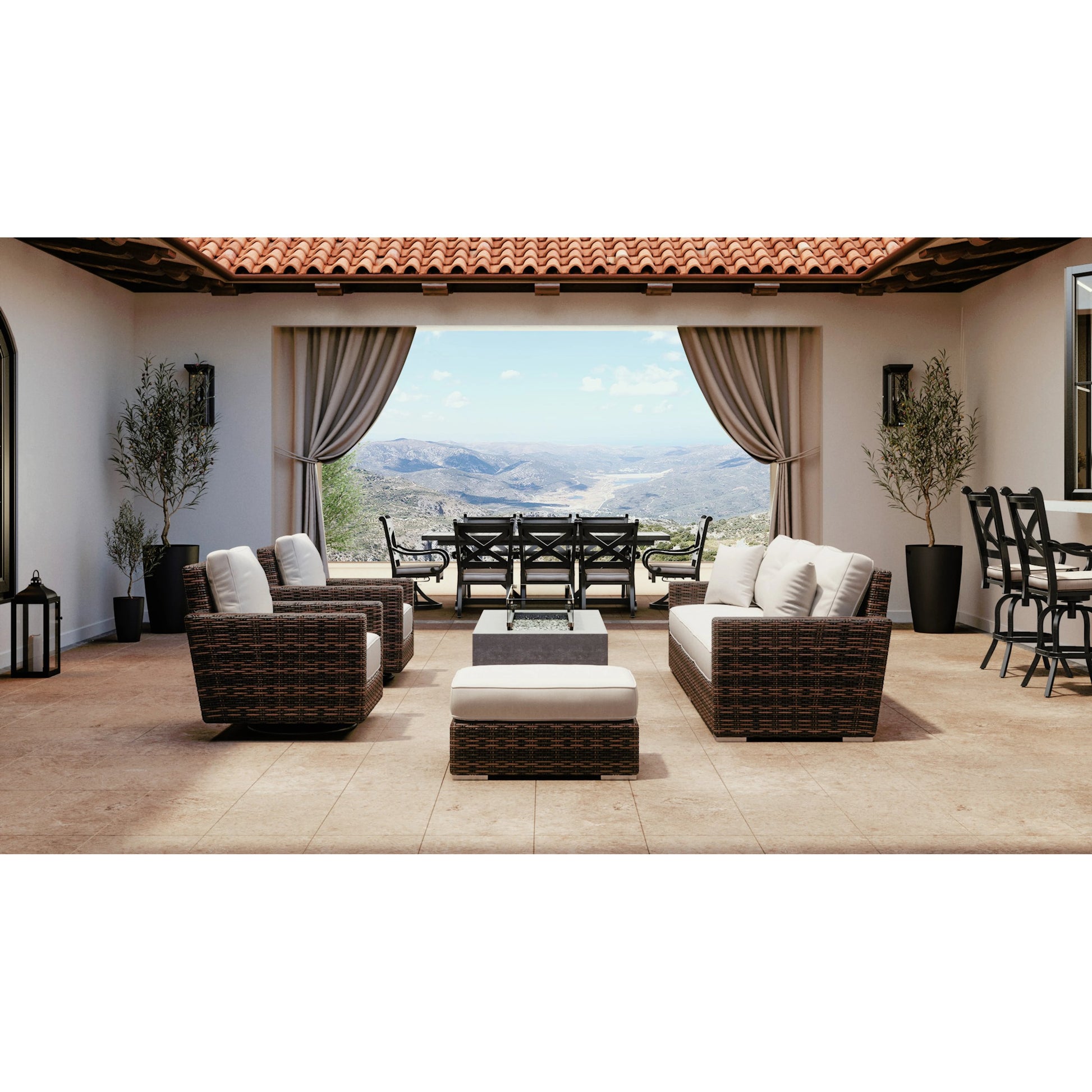 Montecito Outdoor Ottoman by Sunset West in cognac. Made from resin wicker in a modern style.