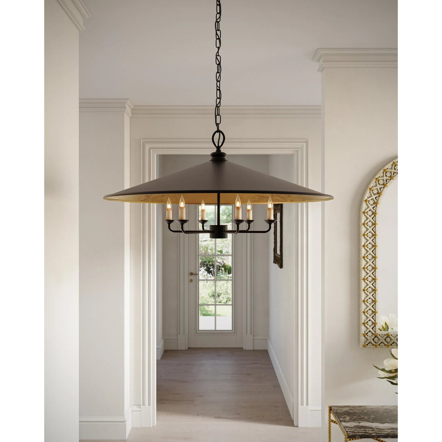 007 S-223953 | Lifestyle | Brussels Pendant by Currey and Company in french black, contemporary gold. Made from wrought iron in a modern style.