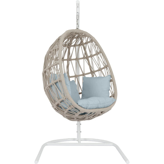 Dana Outdoor Rope Hanging Club Chair by Sunset West in whites/creams/beiges. Made from olefin rope in a coastal style.