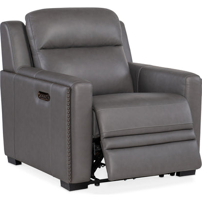 McKinley Power Recliner by Hooker Furniture in candid spice and dark wood. Made from leather in a traditional style.