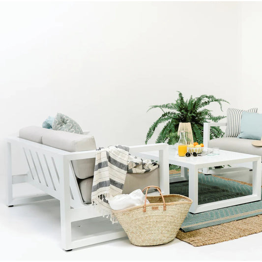 Newport Outdoor Loveseat by Sunset West in frost. Made from aluminum in a modern style.