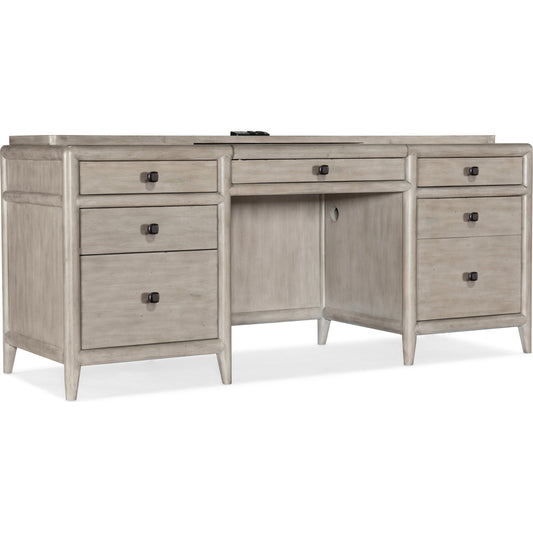 Burnham Computer Credenza by Hooker Furniture in grey mink. Made from alder veneers with knots in a cottage & farmhouse style.