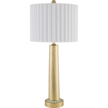Kerfi Accent Table Lamp by Livabliss in body: metallic - brass; base: metallic - brass; shade: white; finial: metallic - brass; harp: metallic - brass; cord: translucent and plated. Made from iron, cotton in a modern style.
