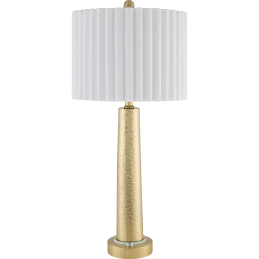 Kerfi Accent Table Lamp by Livabliss in body: metallic - brass; base: metallic - brass; shade: white; finial: metallic - brass; harp: metallic - brass; cord: translucent and plated. Made from iron, cotton in a unique style.