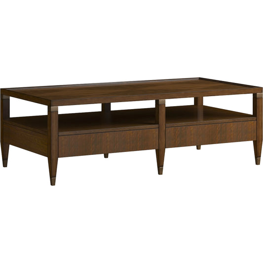 Eave Rectangular Cocktail Table by A.R.T. Furniture in brown and hazelnut. Made from poplar, parawood solids, walnut veneer in a unique style.