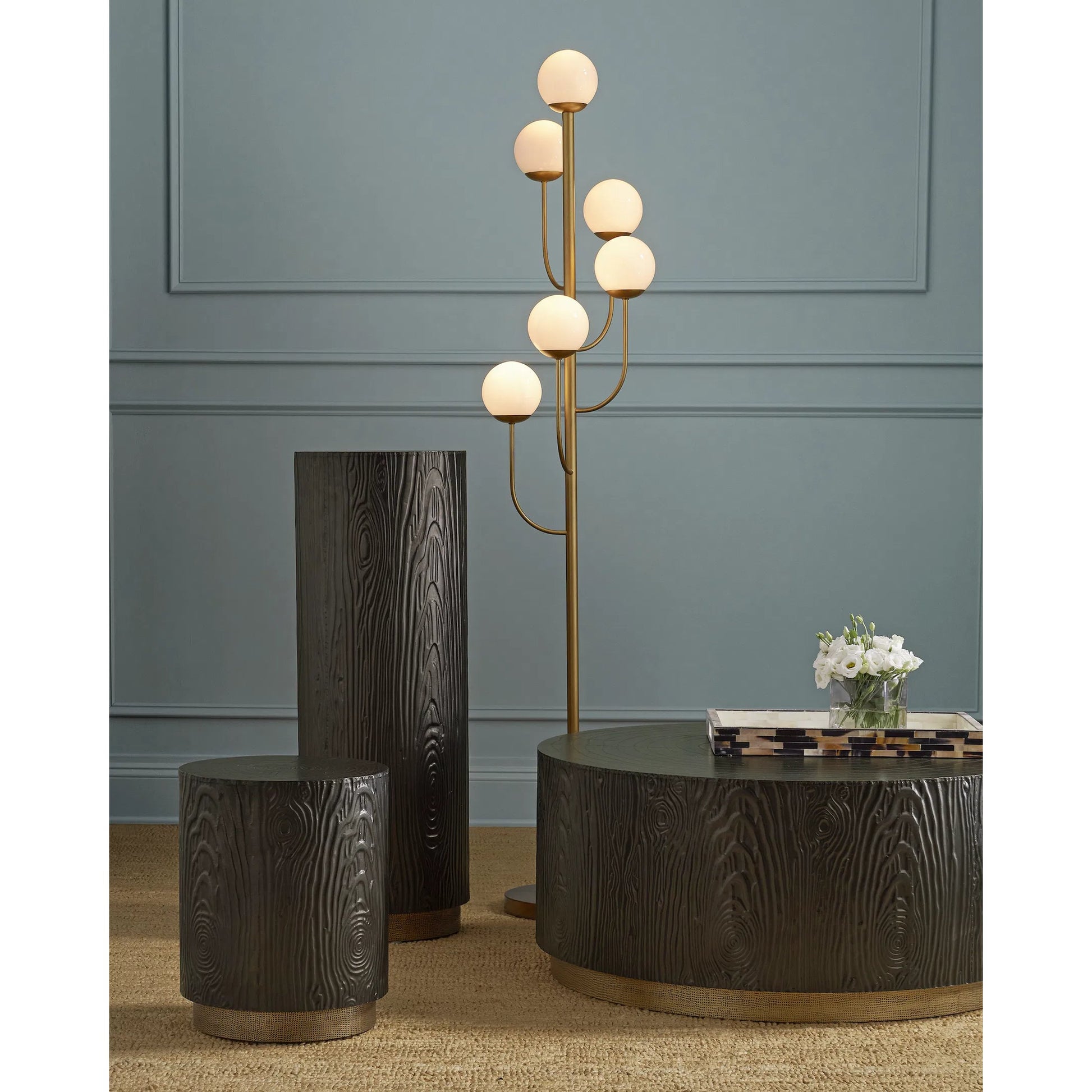 Terra Pedestal by Currey and Company in bronze, brass. Made from natural wood, brass in a modern style.