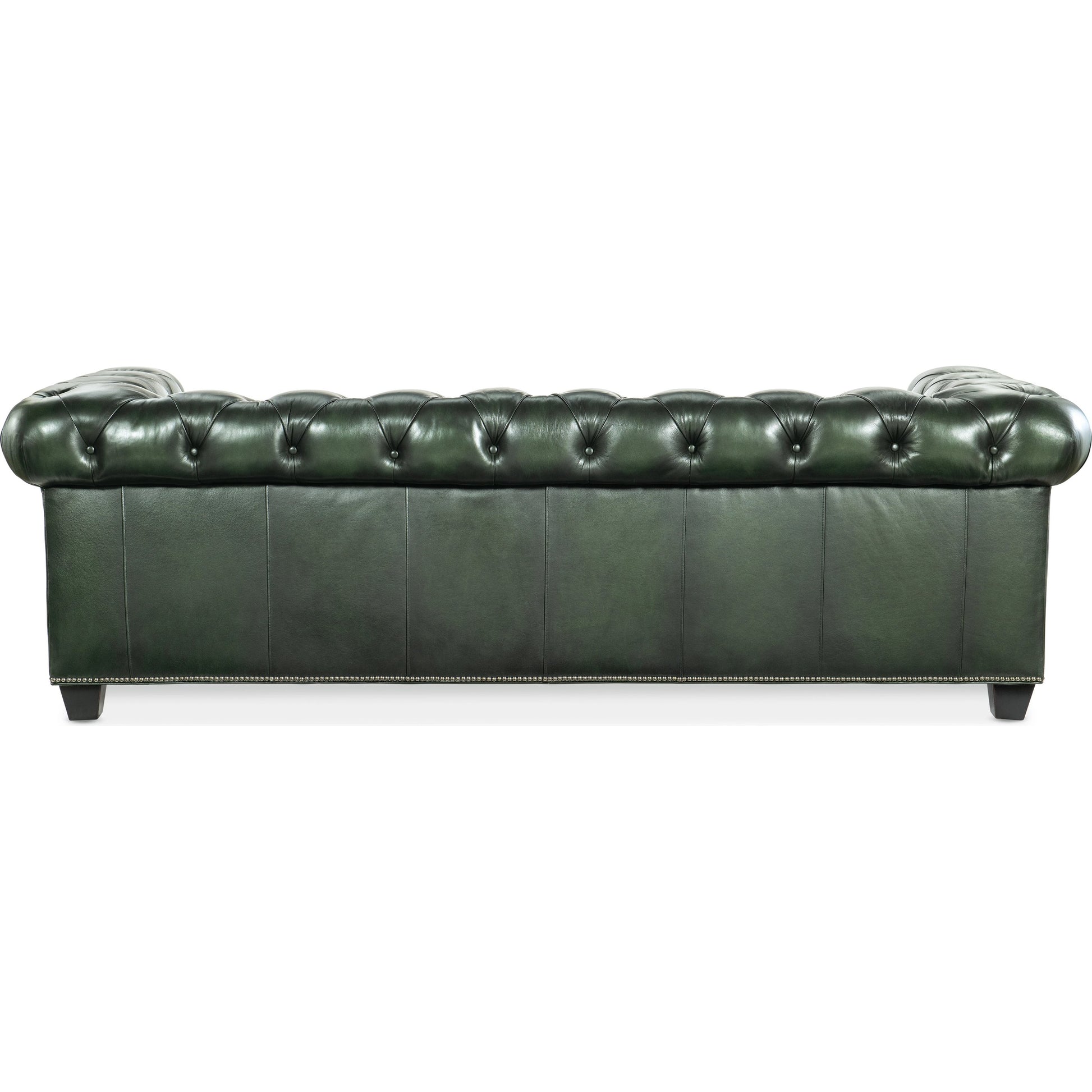 Charleston Tufted Sofa by Hooker Furniture in sarzana portal and black. Made from leather, sarzana portal (finished, wipe off, top grain with splits) in a transitional style.