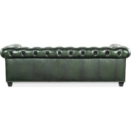 Charleston Tufted Sofa by Hooker Furniture in sarzana portal and black. Made from leather, sarzana portal (finished, wipe off, top grain with splits) in a transitional style.