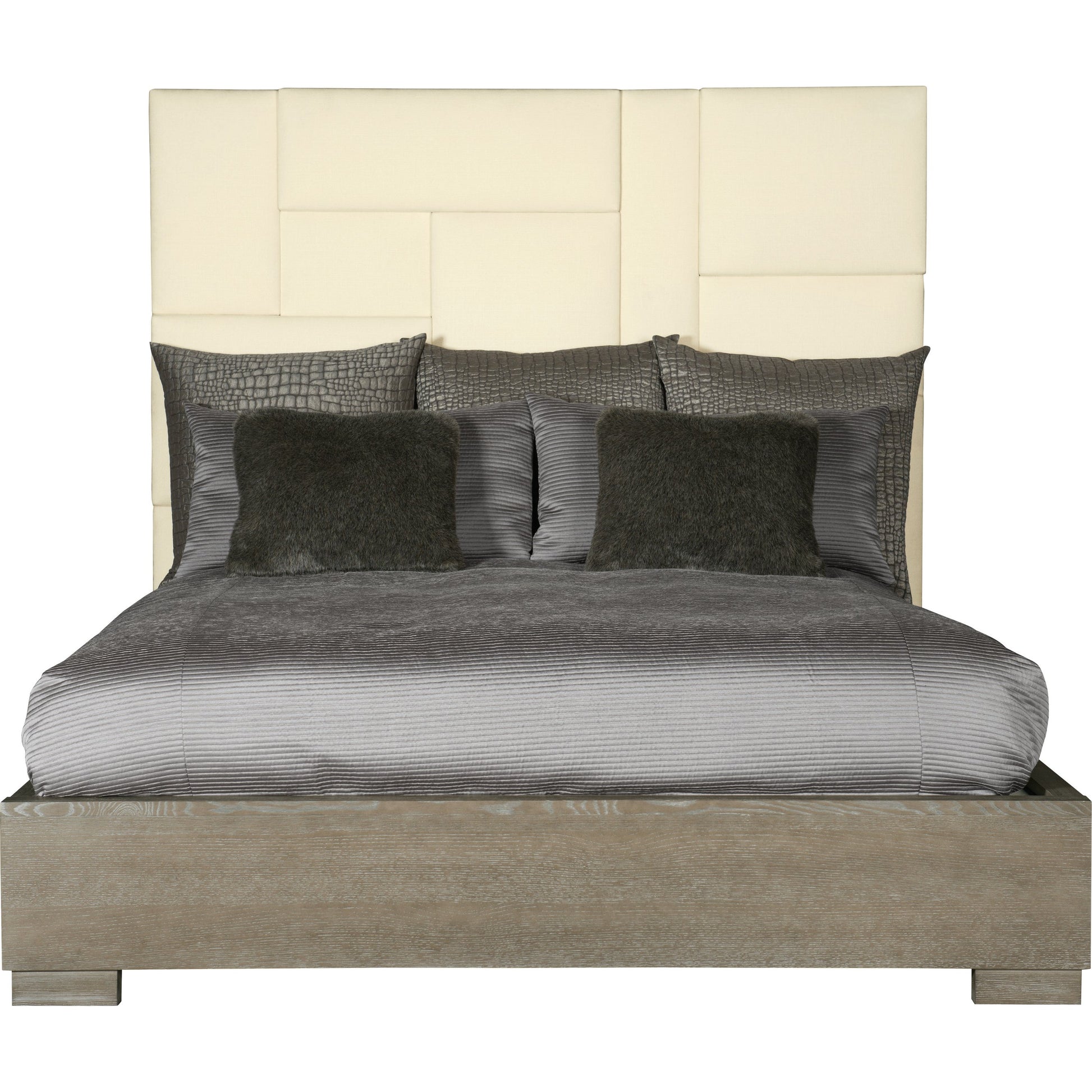 Mosaic Upholstered Bed by Bernhardt in dark taupe. Made from white oak veneers, fabric in a unique style.
