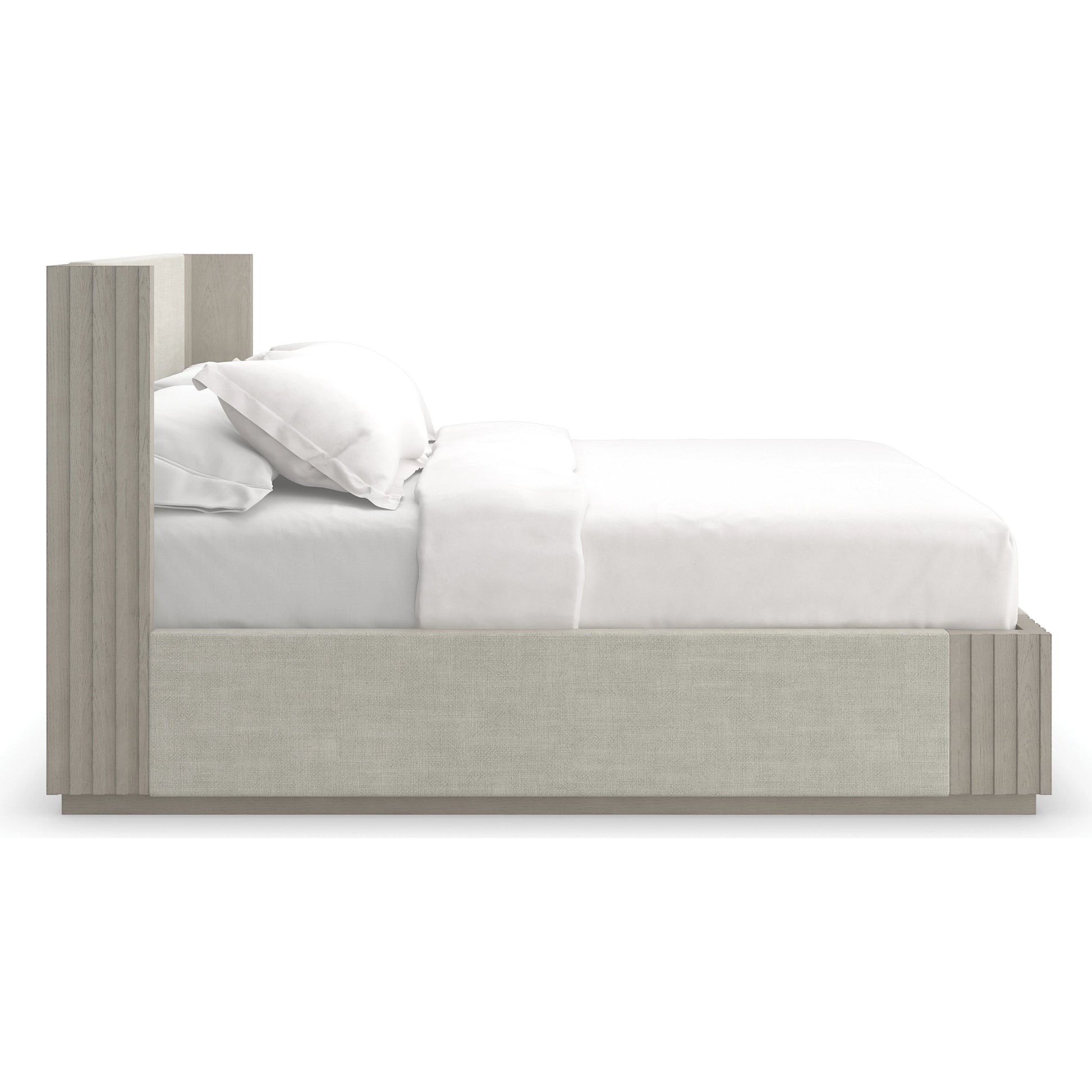 Azure Bed by Caracole in taupe and fossil. Made from ash, oak, linen in a modern style.