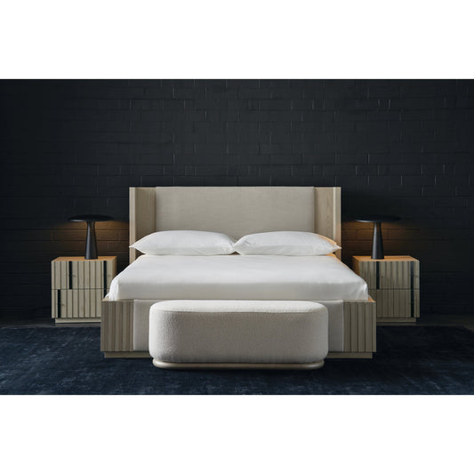 Azure Bed by Caracole in taupe and fossil. Made from ash, oak, linen in a modern style.