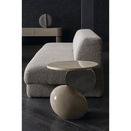 Onyx Side Table by Caracole in mink, polished stainless steel, mink paint. Made from maple in a modern style.