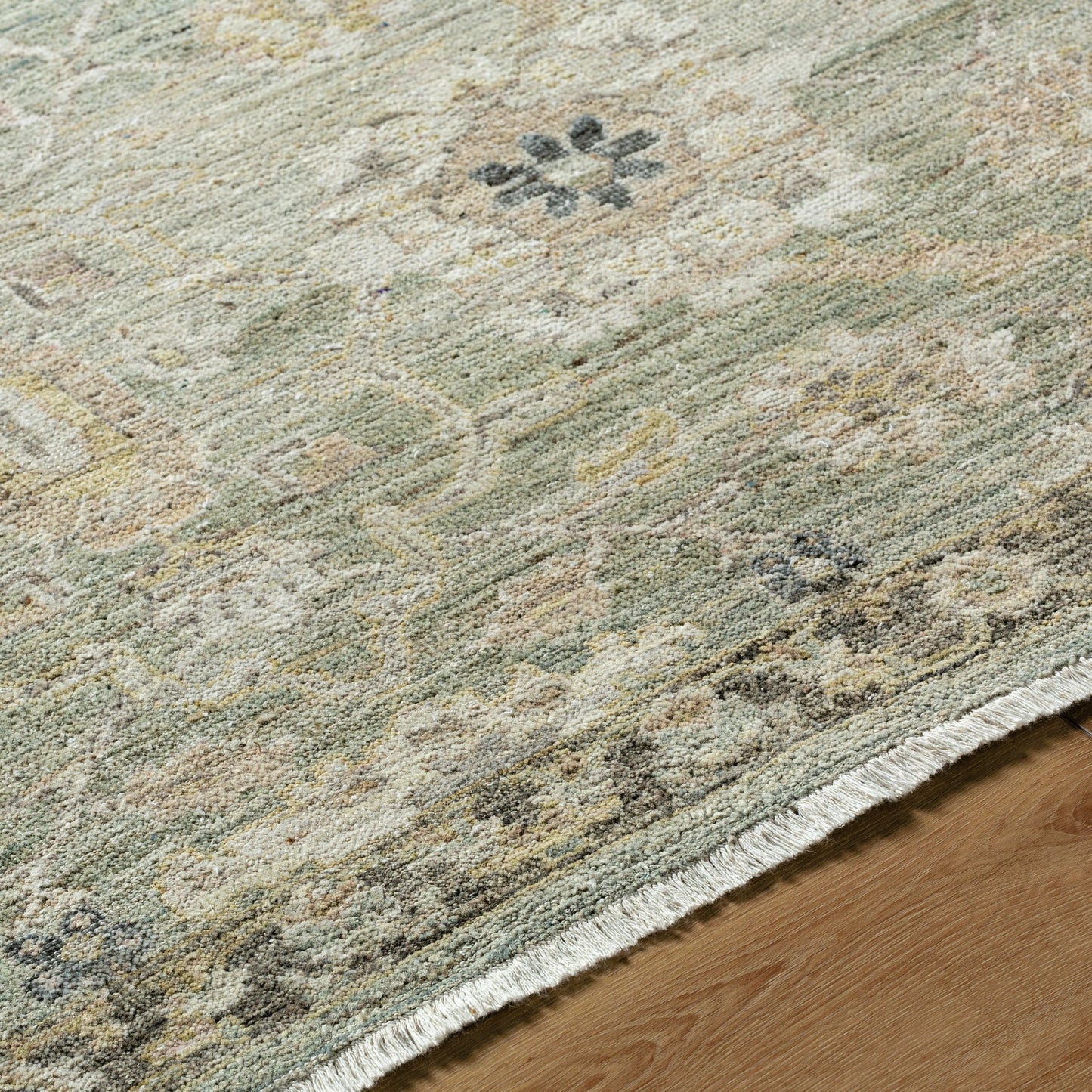 004 SI-2099965,SI-2099966,SI-2099967,SI-2099968,SI-2099969 | Closeup | Khorasan KHO-2300 Rug by Surya in sage, ivory, slate gray, sand, olive, charcoal. Made from wool in a unique style.