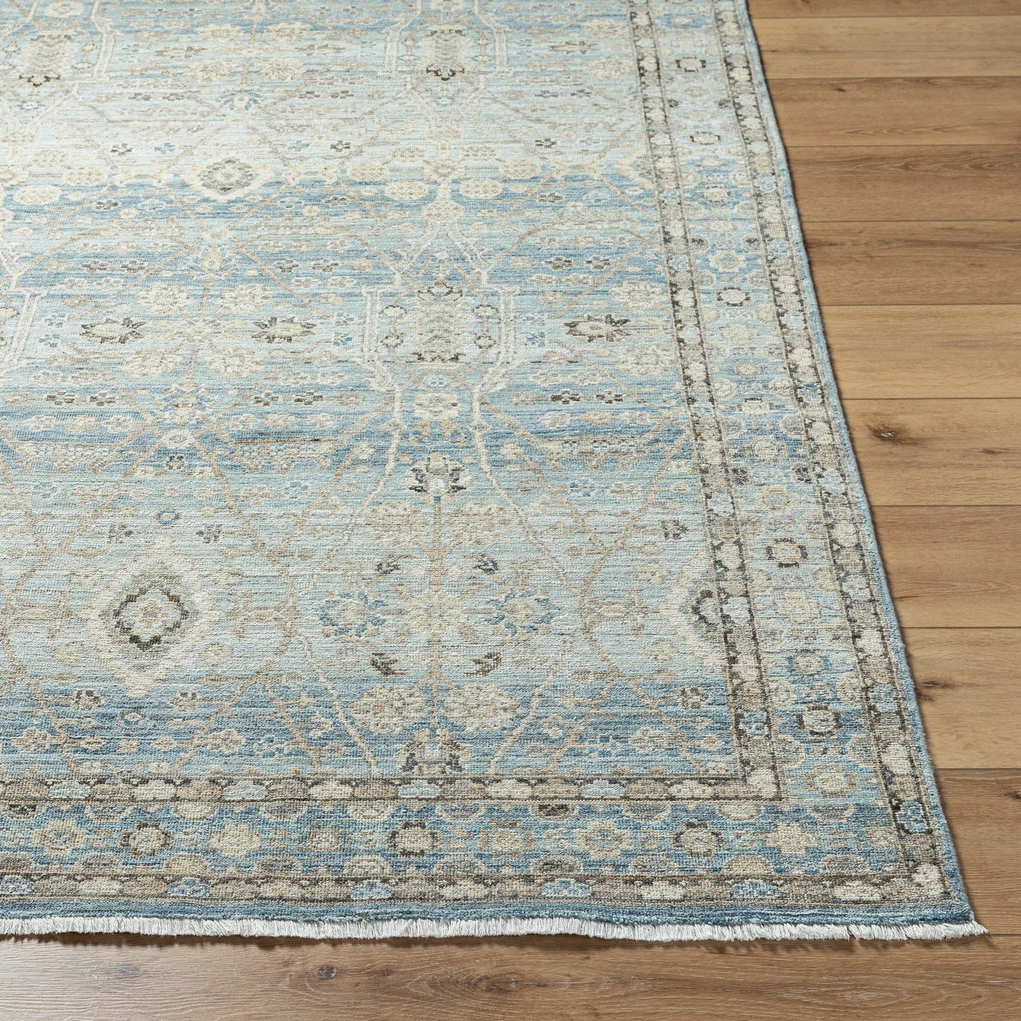 002 SI-2132666,SI-2132667,SI-2132668,SI-2132669,SI-2132670 | Closeup | Khorasan KHO-2304 Rug by Surya in sky blue, sandstone, ivory, slate gray, taupe. Made from face: 100% wool, warp: 100% cotton in a unique style.