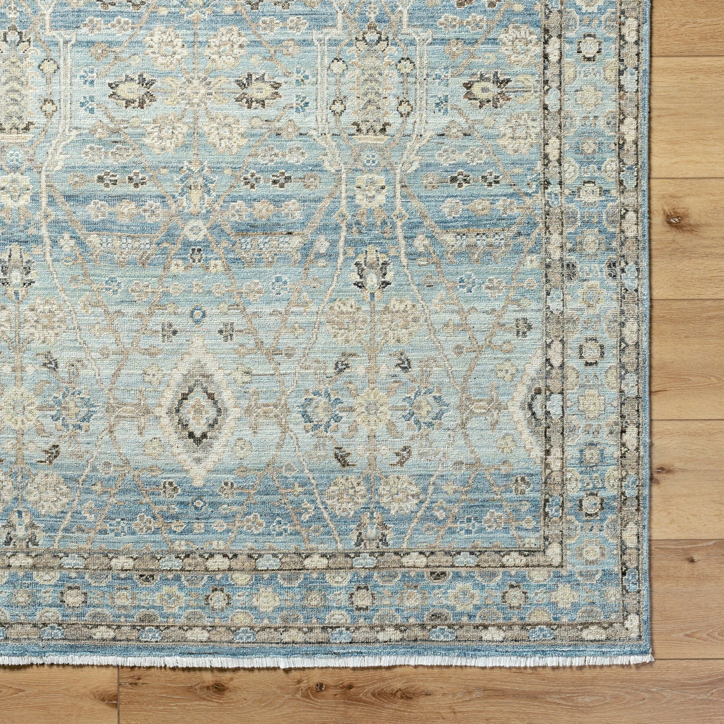 005 SI-2132666,SI-2132667,SI-2132668,SI-2132669,SI-2132670 | Closeup | Khorasan KHO-2304 Rug by Surya in sky blue, sandstone, ivory, slate gray, taupe. Made from face: 100% wool, warp: 100% cotton in a unique style.