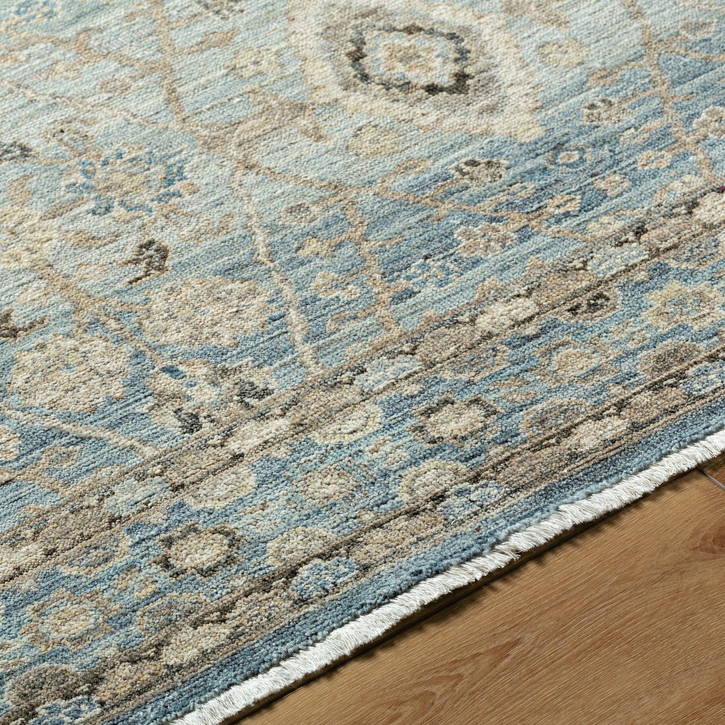 004 SI-2132666,SI-2132667,SI-2132668,SI-2132669,SI-2132670 | Closeup | Khorasan KHO-2304 Rug by Surya in sky blue, sandstone, ivory, slate gray, taupe. Made from face: 100% wool, warp: 100% cotton in a unique style.