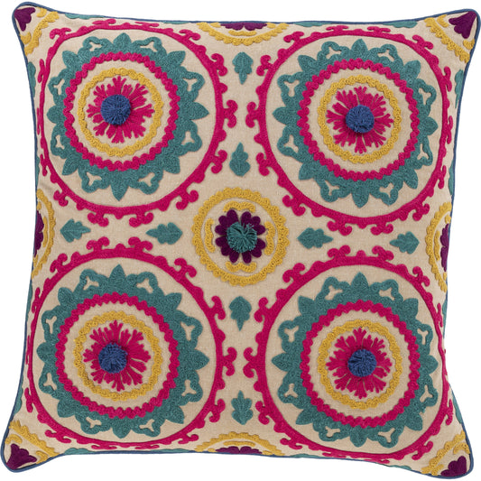 Khavi Pillow - 11744 by Surya in bright pink, denim, teal, bright yellow, dark purple, dark blue, beige. Made from 100% cotton in a eclectic & global style.