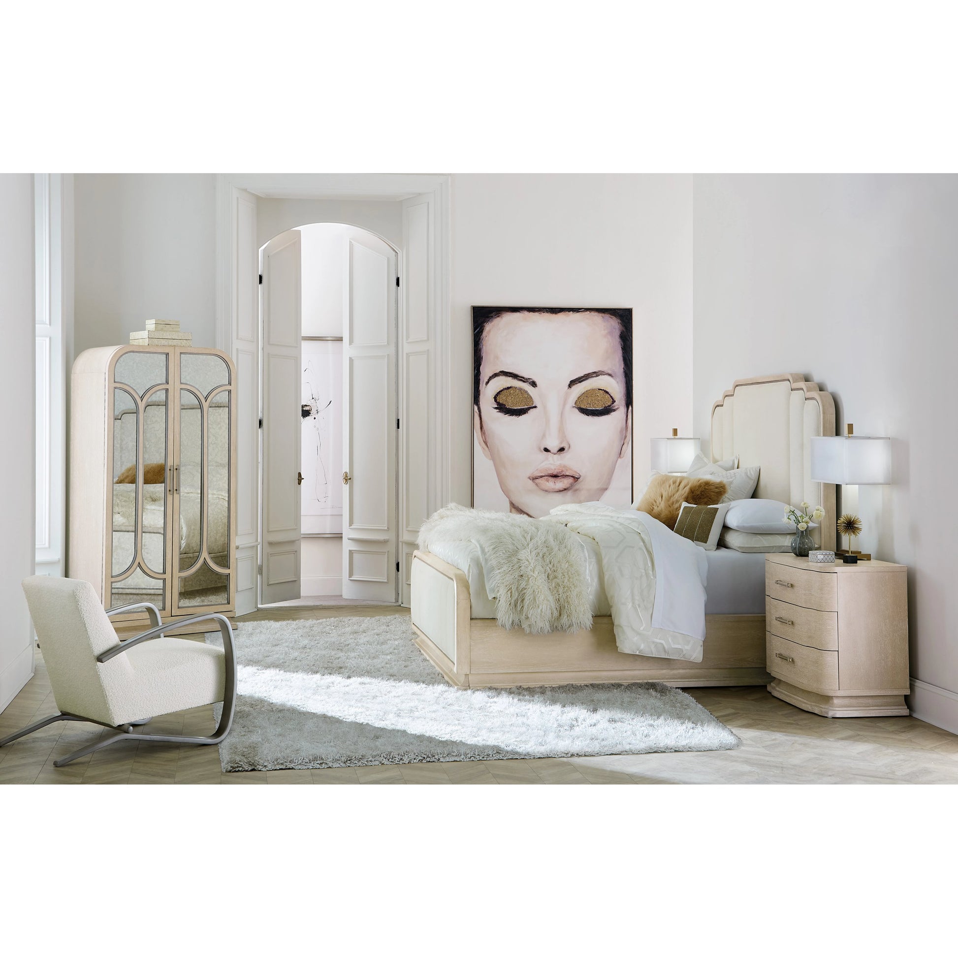 Nouveau Chic Upholstered Bed by Hooker Furniture in polished pearl and sandstone. Made from oak veneers, fabric in a modern style.