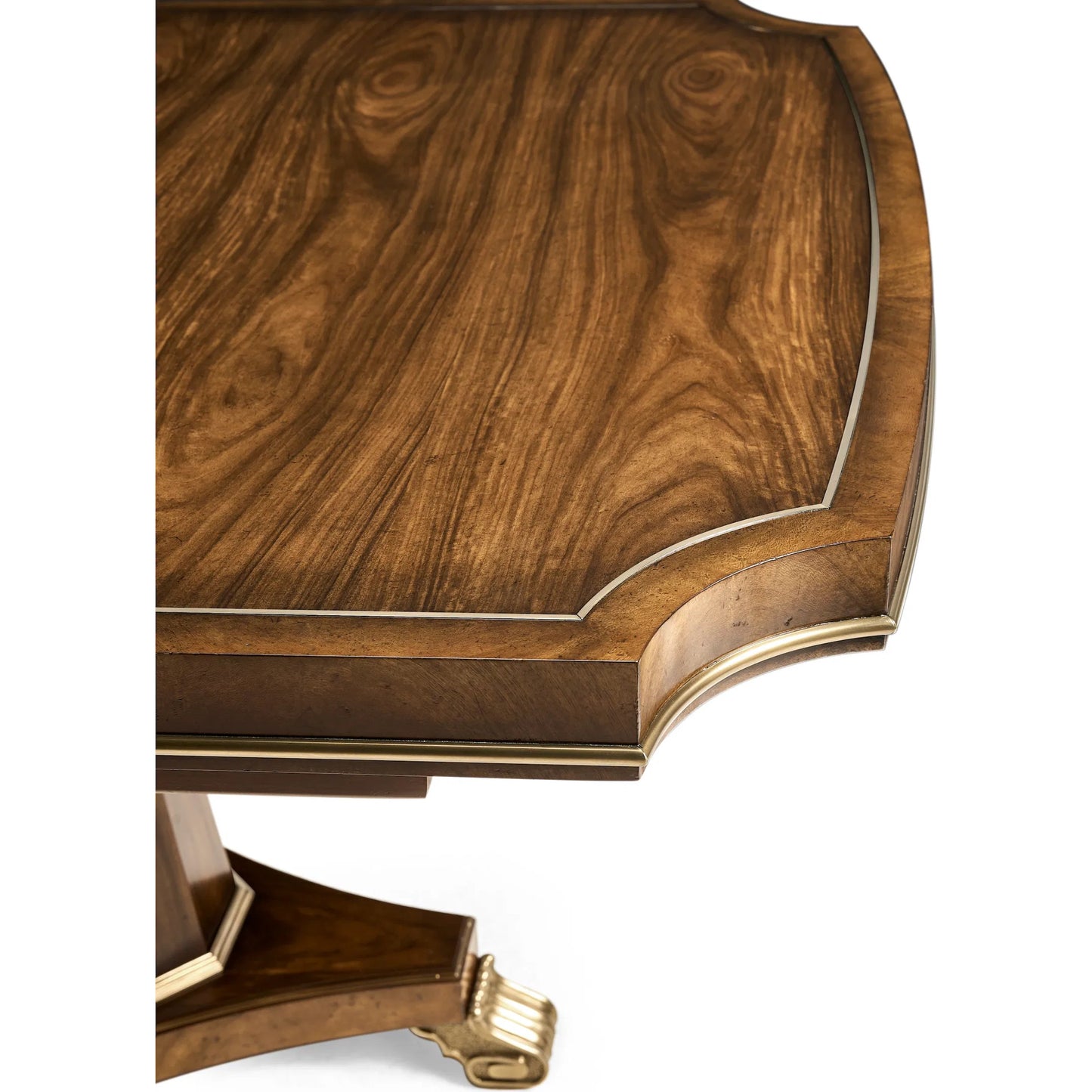 008 SI-2446832 | Closeup | Viceroy Rectangular Dining Table by Jonathan Charles in viceroy brown santos. Made from local mahogany, brass, santos rosewood crown veneer in a traditional style.