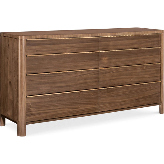 Eleana Eight Drawer Dresser by Hooker Furniture in light caramel, quartered walnut veneers, sunlit bronze metal. Made from walnut veneers in a traditional style.