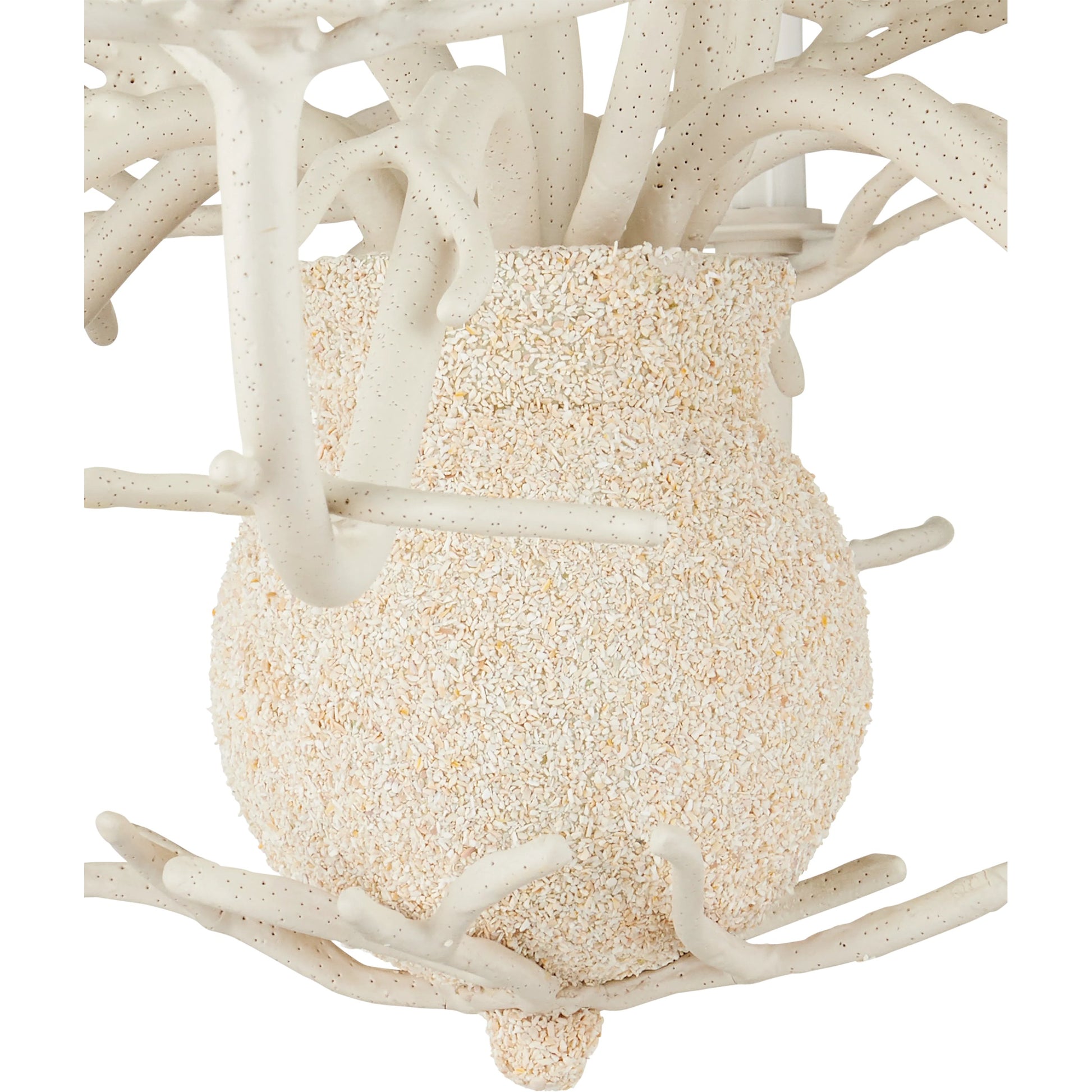 Seaward Chandelier by Currey and Company in white coral, natural sand. Made from wrought iron in a coastal style.