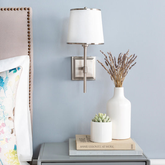 Kinver Wall Sconce - 25410 by Surya in brushed nickel and brushedbrushedbrushed. Made from cotton, linen, polyester, acrylic, metal in a traditional style.