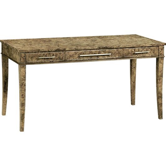 Reimagined Fulgurite Desk by Jonathan Charles in golden amber. Made from mappa burl veneer in a modern style.