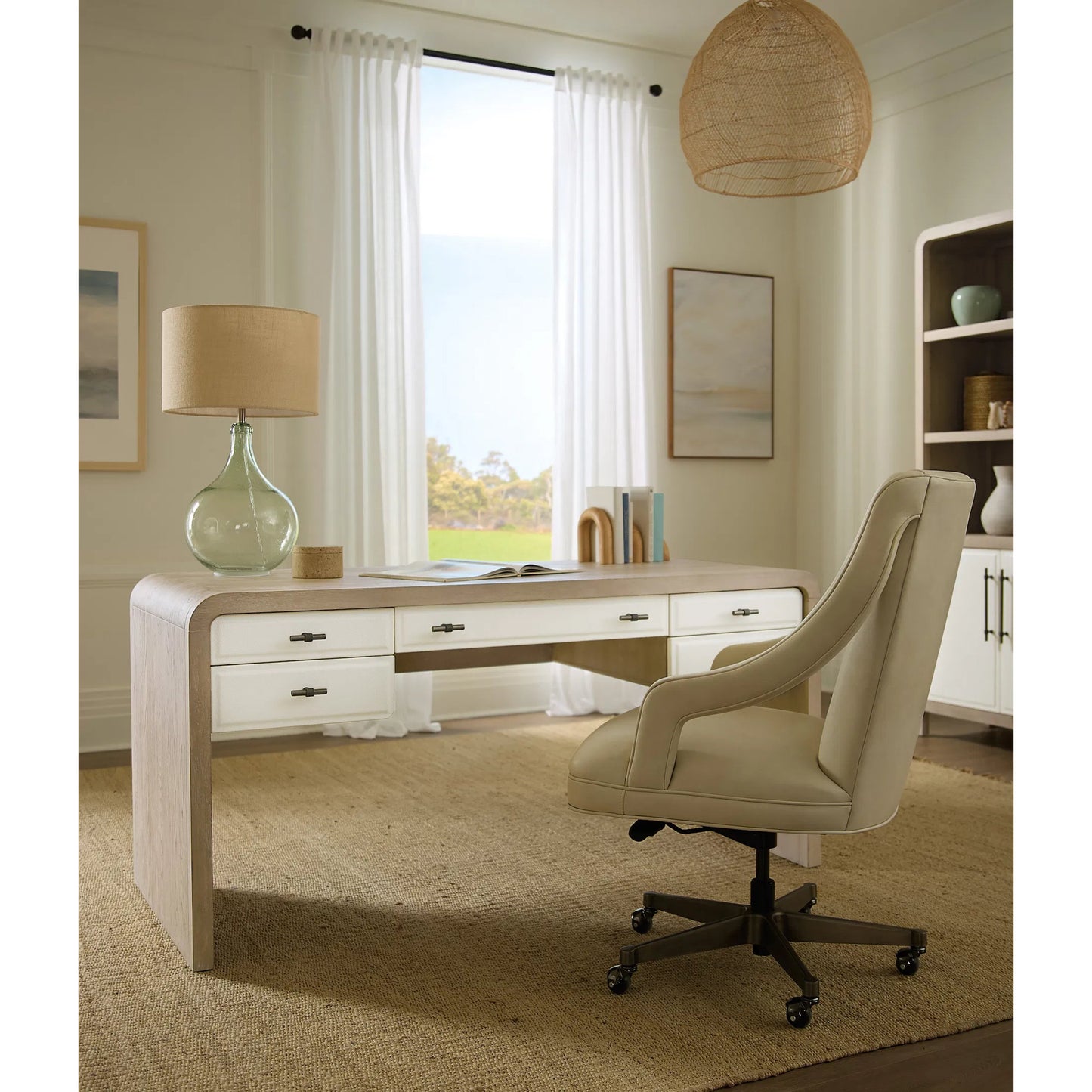 006 SI-2353898 | Lifestyle | Brixton Writing Desk by Hooker Furniture in light wood and pebble hue. Made from elm veneers in a transitional style.