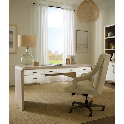 Brixton Writing Desk by Hooker Furniture in light wood and pebble hue. Made from elm veneers in a transitional style.