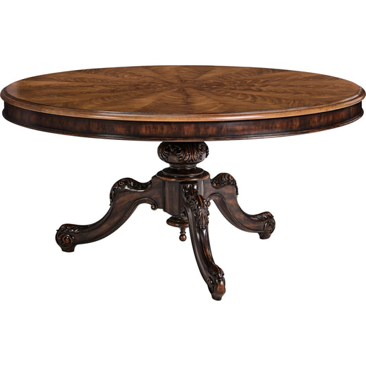 Hattie Round Dining Table 60" by Jonathan Charles in medium crotch walnut. Made from main cerejeira veneer in a unique style.
