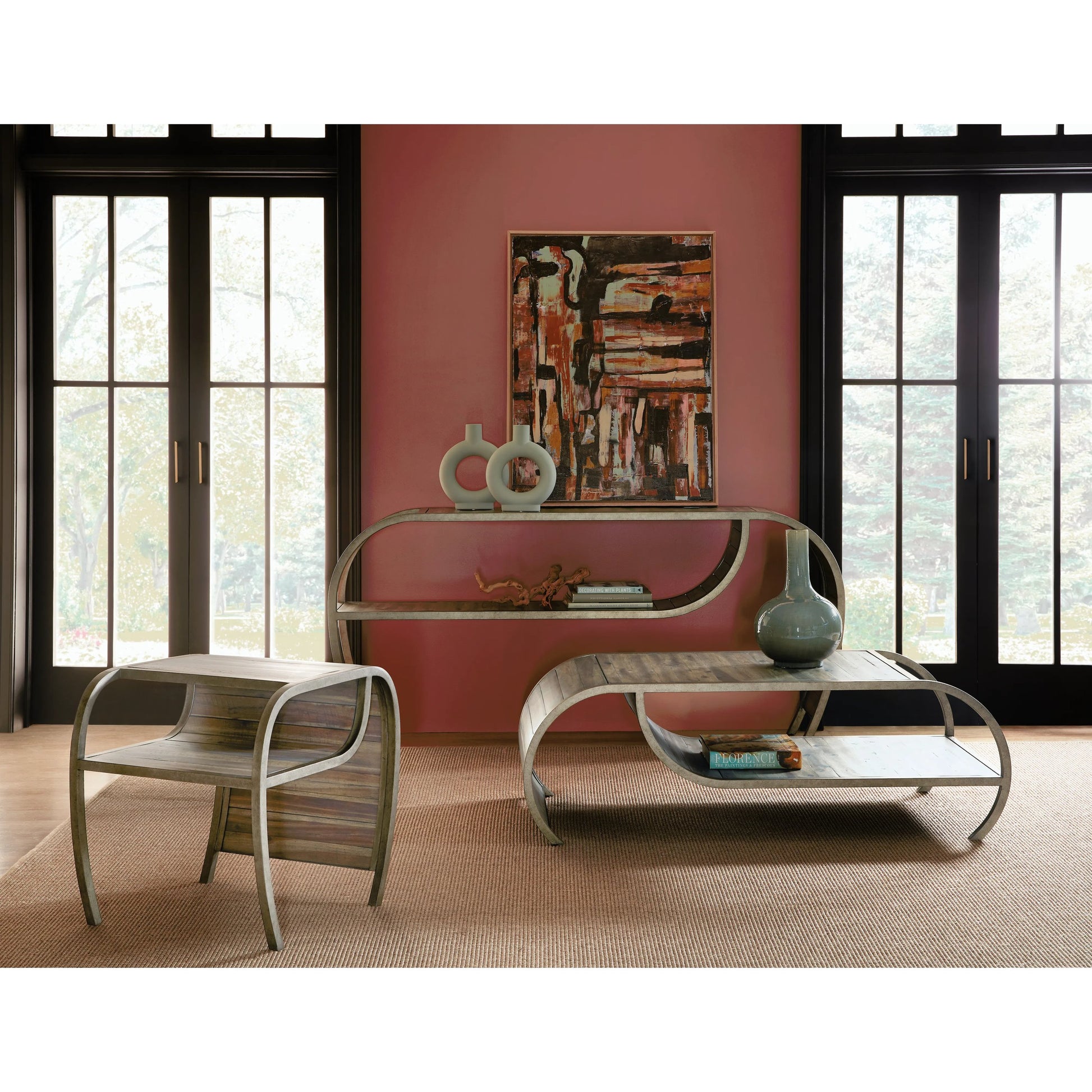 Commerce & Market Open Ended Console Table by Hooker Furniture in medium wood and natural medium wood finish. Made from acacia solids and metal tube in a modern style.