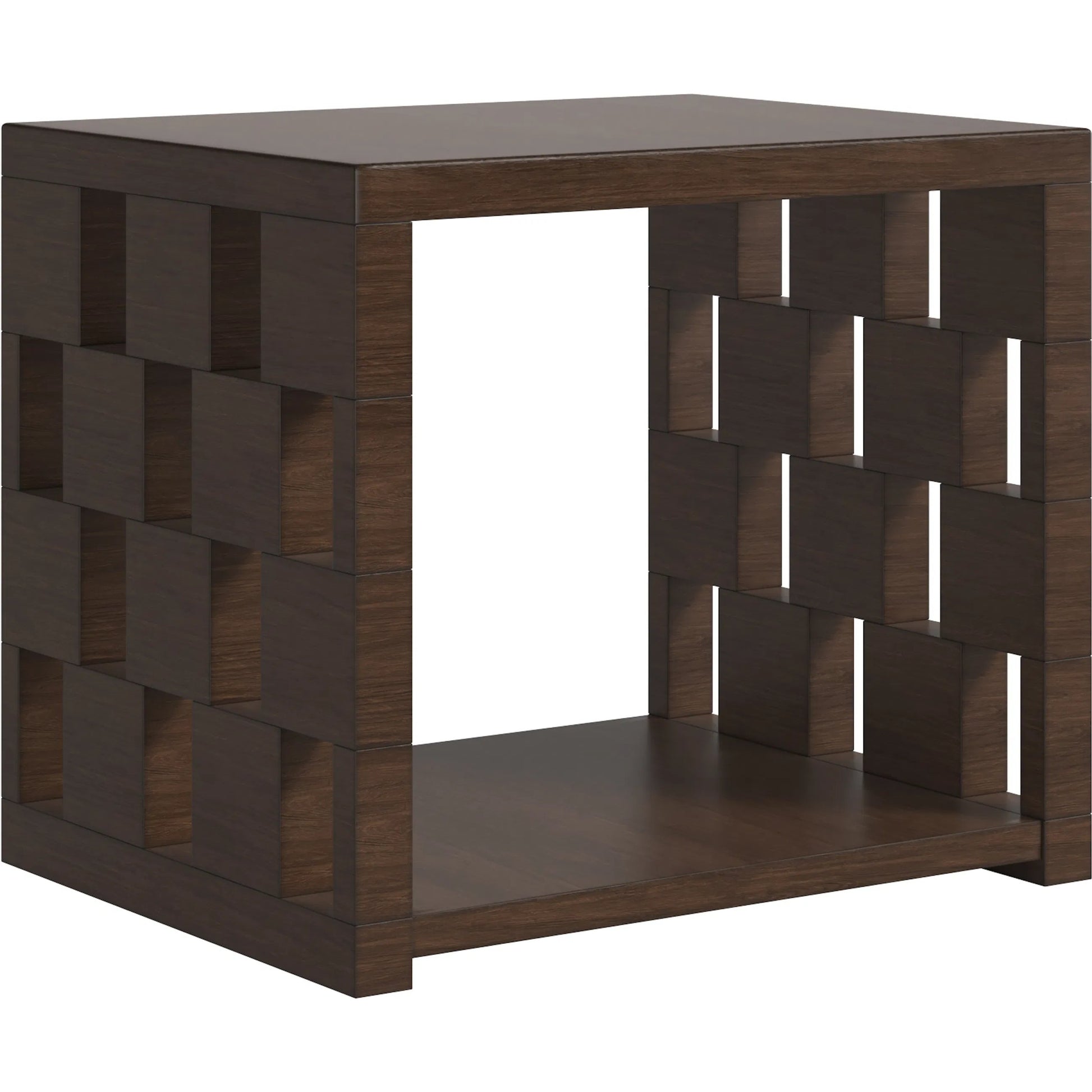 Verge Rectangle End Table by A.R.T. Furniture in handcrated walnut. Made from poplar, parawood solids, burl veneer in a traditional style.