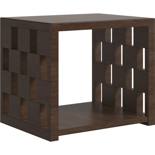 Verge Rectangle End Table by A.R.T. Furniture in handcrated walnut. Made from poplar, parawood solids, burl veneer in a unique style.