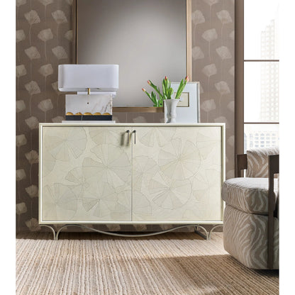 Melange White Lotus Hall Chest by Hooker Furniture in white painted, metal. Made from metal, birch veneers, dyed white figured maple veneers, dyed white birdseye maple veneers, fabric, 100% polyester in a transitional style.