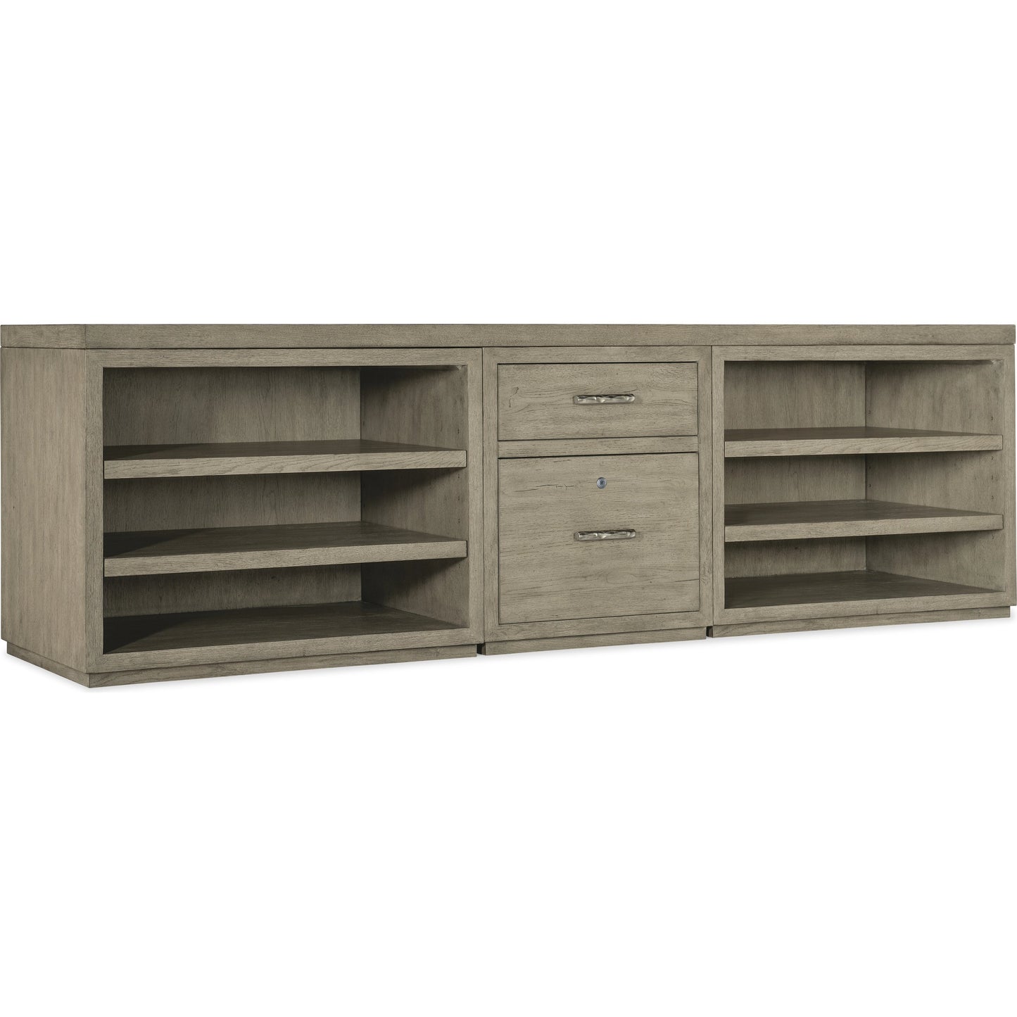 001 SI-1900751 | Primary Silo | Linville Falls Credenza with Small File and 2 Opens by Hooker Furniture in mink, antique pewter. Made from oak veneers in a modern style.