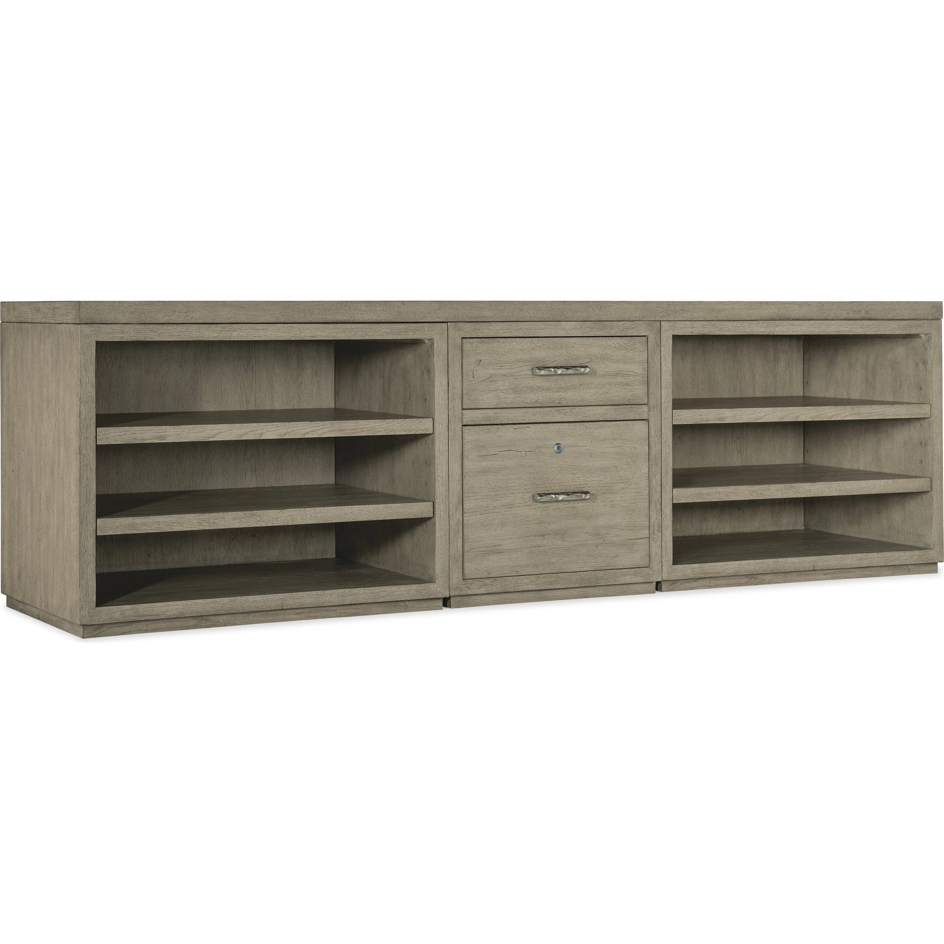 Linville Falls Credenza with Small File and 2 Opens by Hooker Furniture in mink, antique pewter. Made from oak veneers in a modern style.
