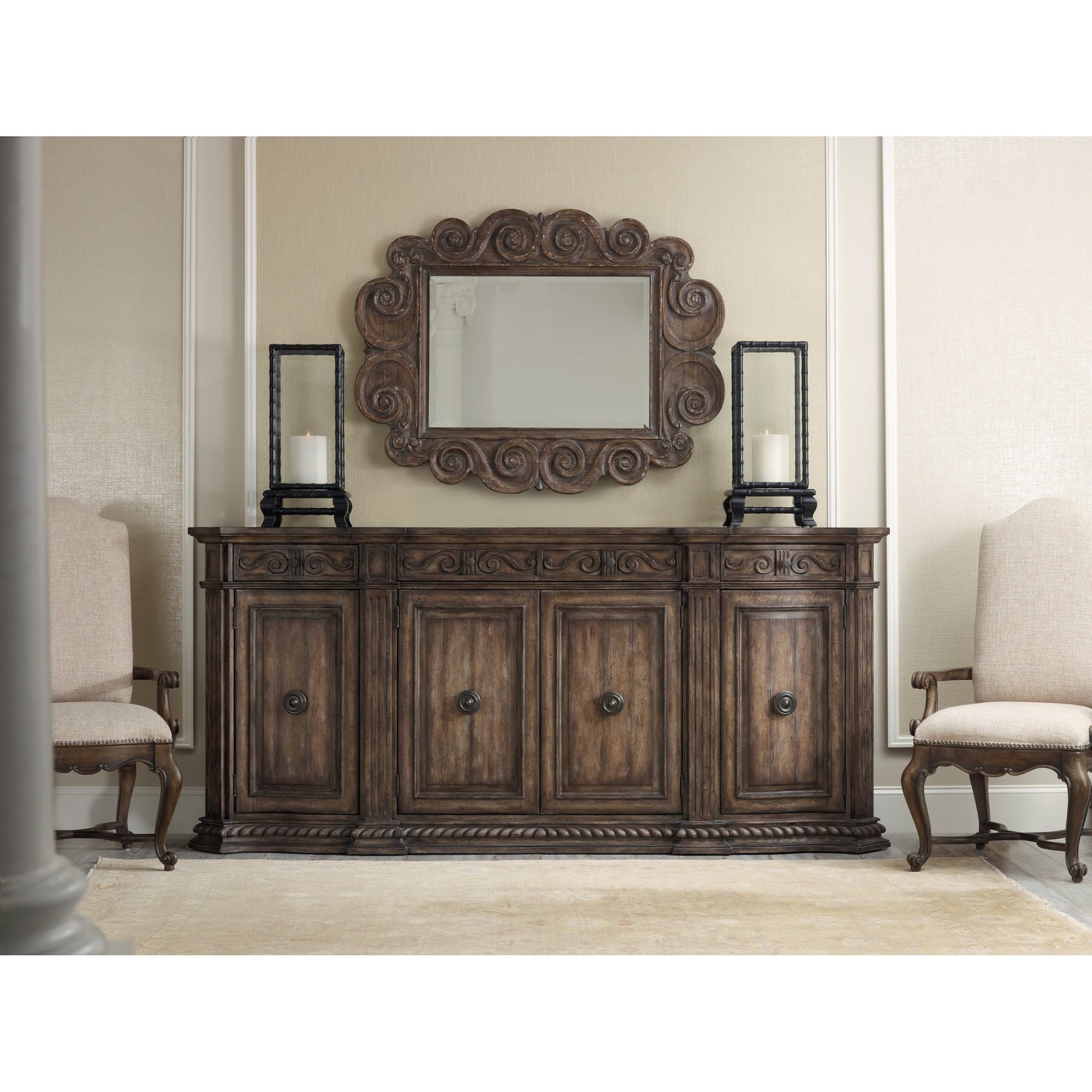 005 SI-1749457 | Lifestyle | Rhapsody Credenza by Hooker Furniture in rustic walnut. Made from pecan, hickory, ash, black walnut, maple veneers with resin in a traditional style.
