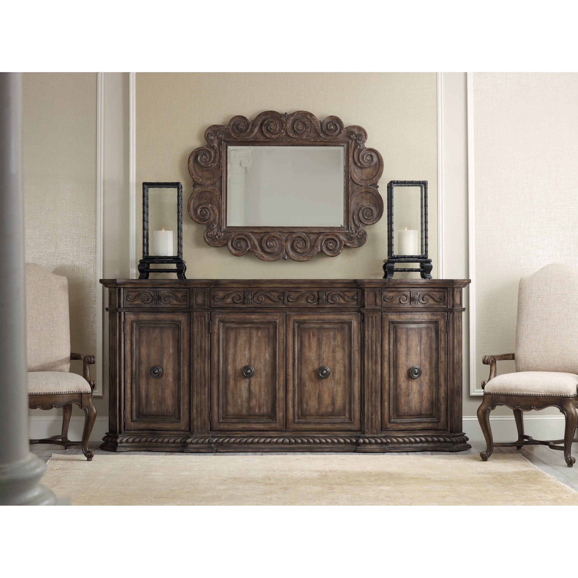 Rhapsody Credenza by Hooker Furniture in rustic walnut. Made from pecan, hickory, ash, black walnut, maple veneers with resin in a traditional style.