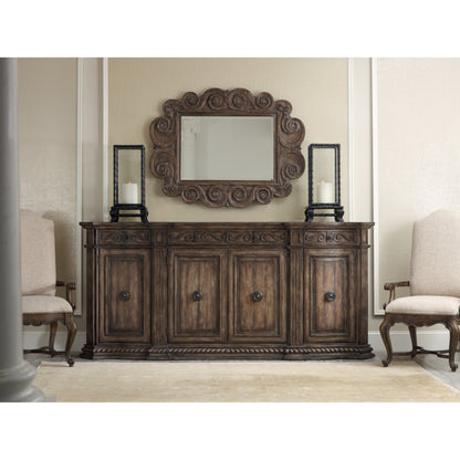 Rhapsody Credenza by Hooker Furniture in rustic walnut. Made from pecan, hickory, ash, black walnut, maple veneers with resin in a traditional style.